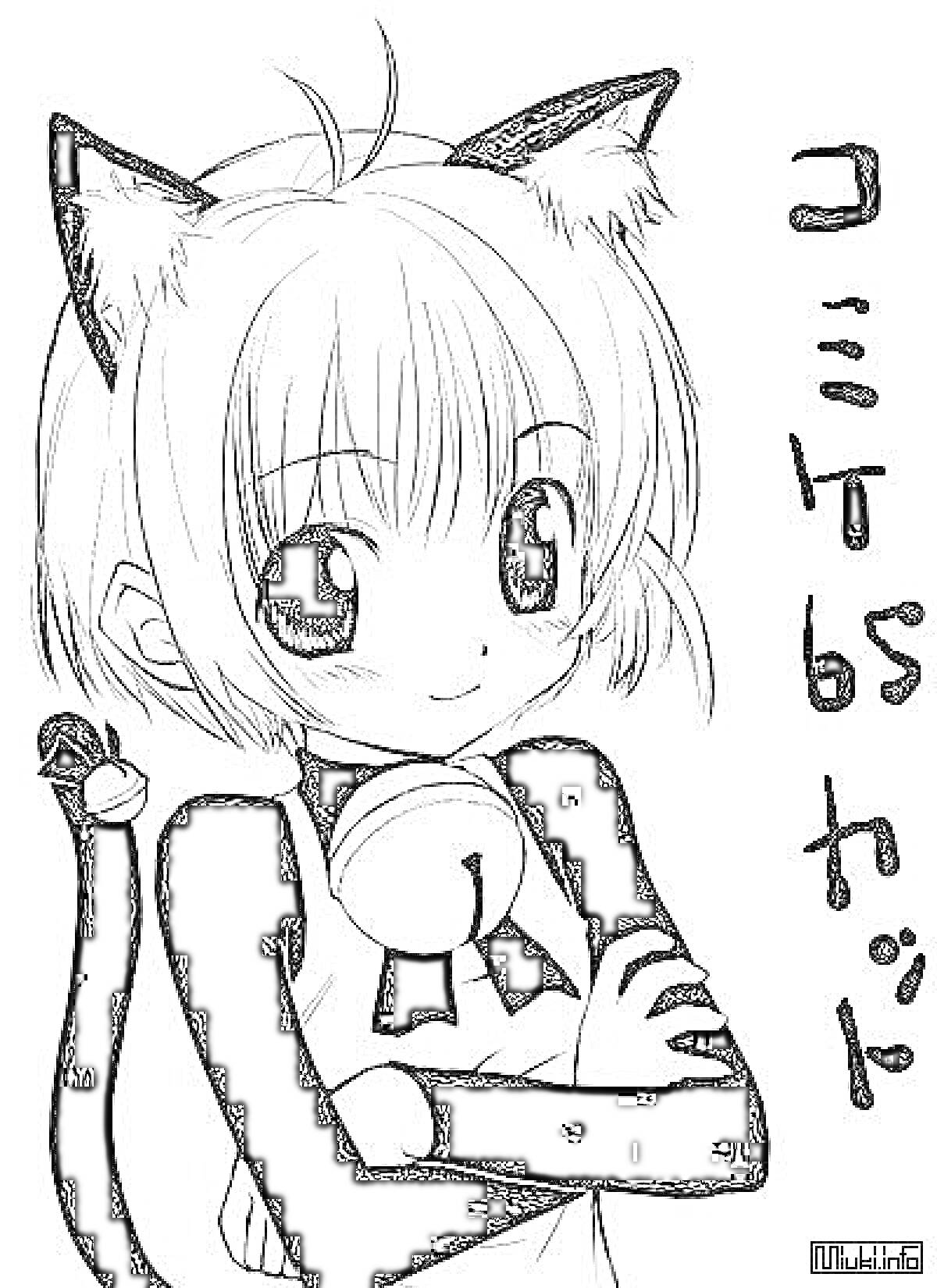 Раскраска Аниме девушка с ушками кошки, короткие волосы, большие глаза, с хвостом, в одежде с воротником и большим бантом, изображение в черно-белых цветах, надпись на японском языке