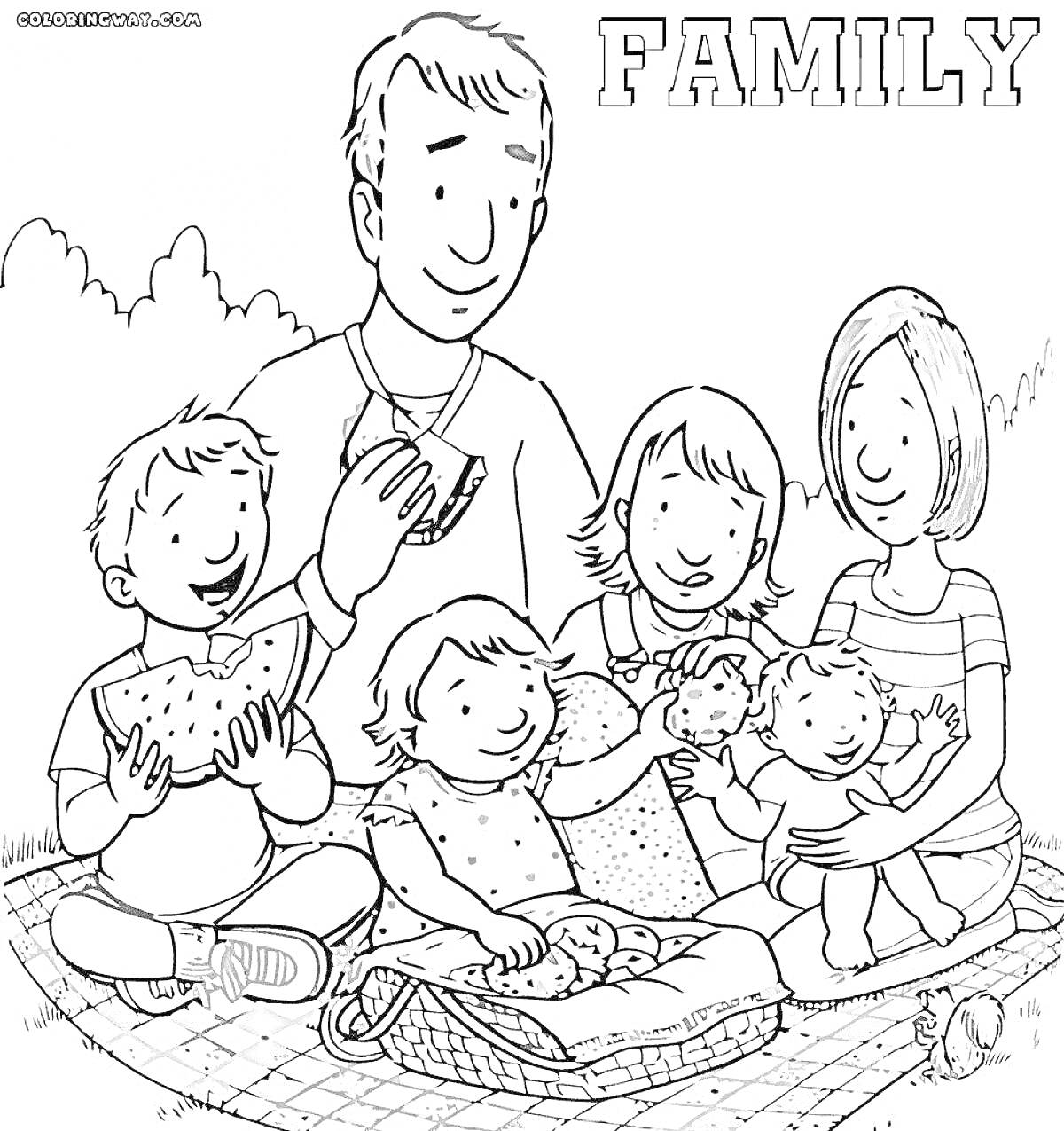 На раскраске изображено: Семья, Пикник, Плед, Родители, Трава, Еда, Отдых
