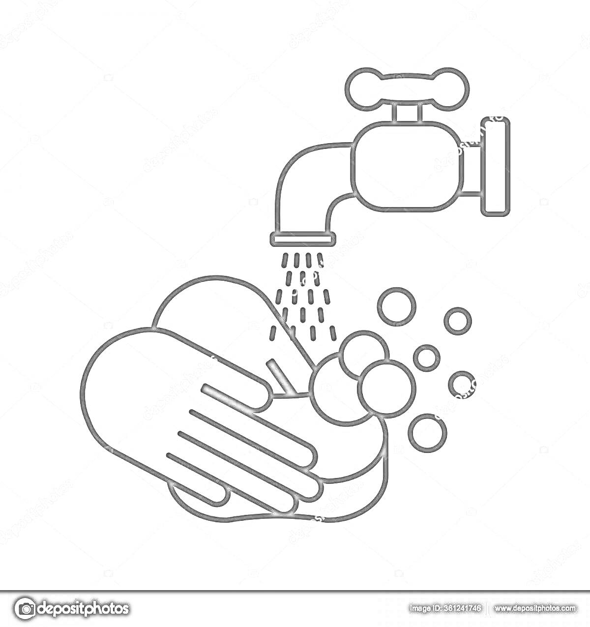Раскраска Руки под краном с водой и мылом и пузырьками