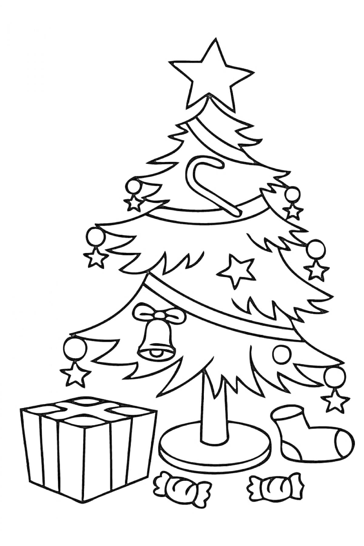 Раскраска Новогодняя елочка с украшениями, подарком и конфетами