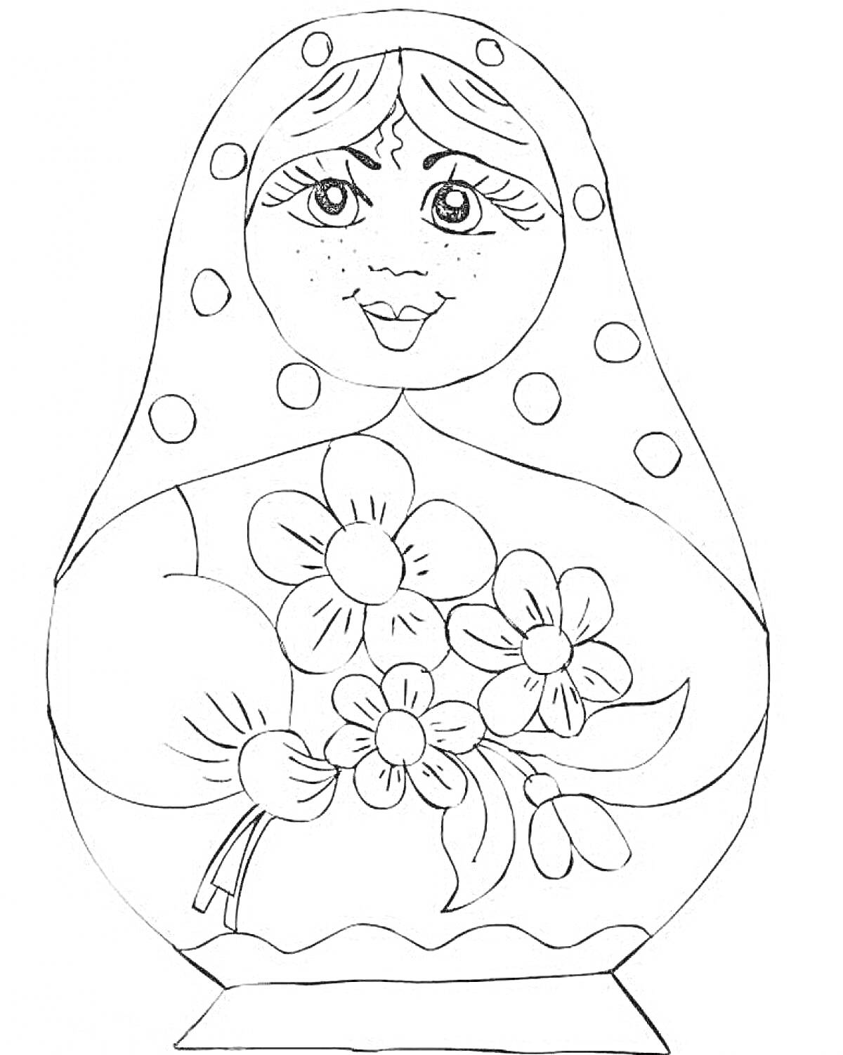 Раскраска Матрешка с букетом цветов и точками на платке