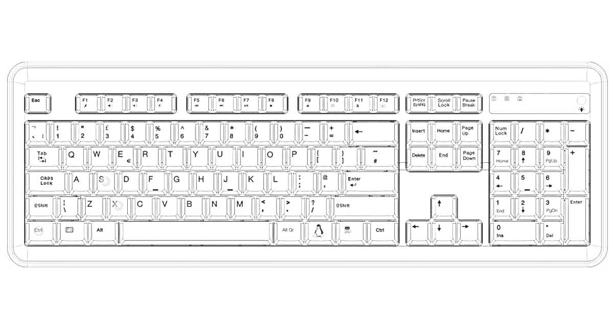Раскраска клавиатура - клавиши с буквами, цифровыми и функциональными кнопками, цифровым блоком, управляющими блоками и пробелом.