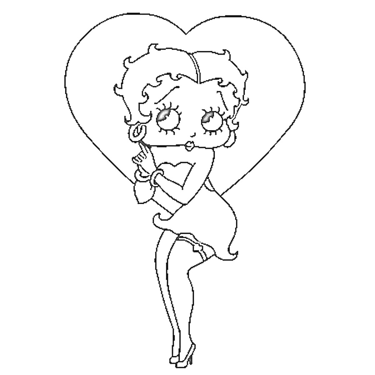 Раскраска Девушка в платье на высоком каблуке на фоне сердца