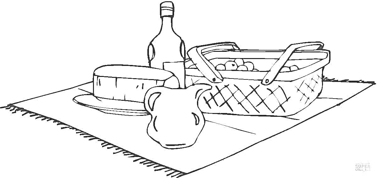 Раскраска Пикник с корзиной, бутылкой, хлебом на подносе и яблоком на коврике