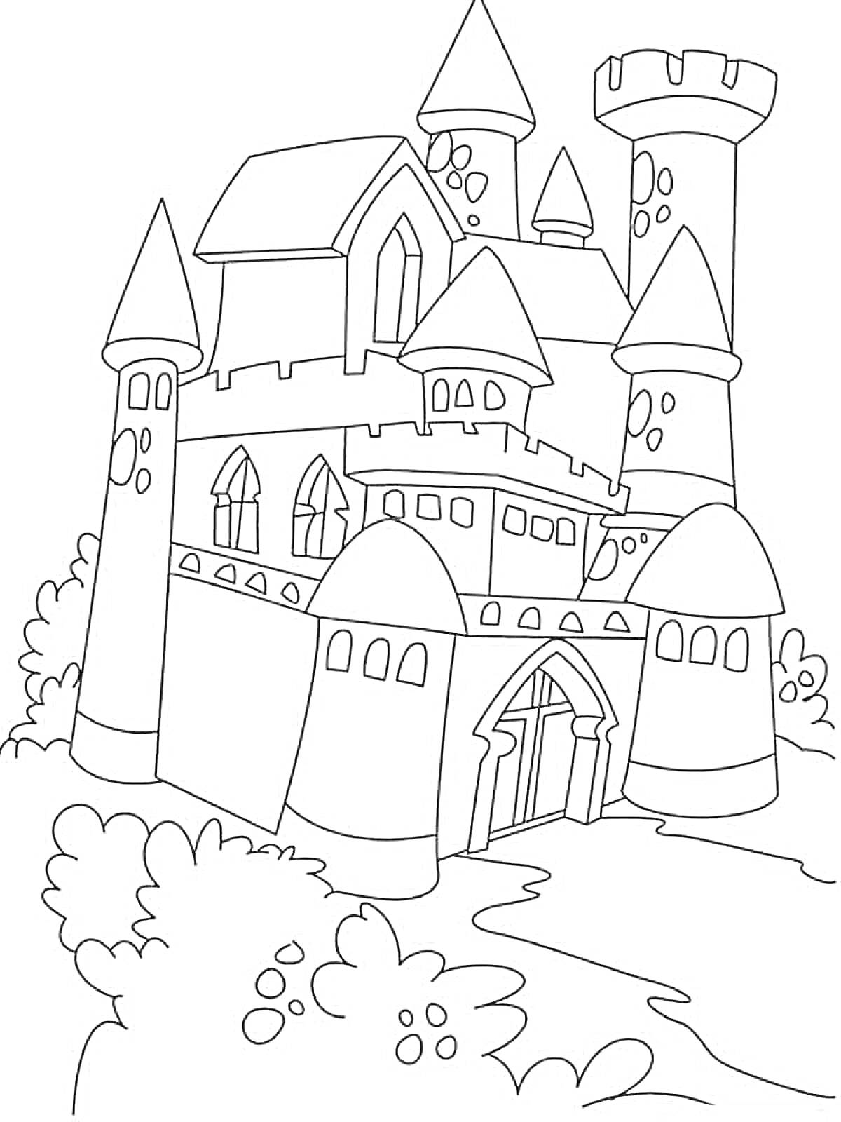 На раскраске изображено: Замок, Башни, Арка, Вход, Окна, Растения, Кусты, Средневековье, Архитектура