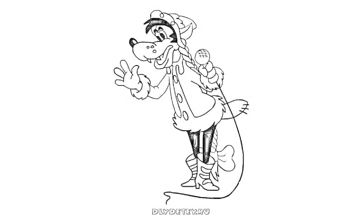 На раскраске изображено: Волк, Микрофон, Зимняя шапка, Пальто, Новый год, Ну