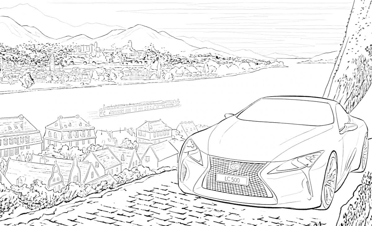 Раскраска Спортивный автомобиль с видом на город и реку, здания вдоль берега, холмы на заднем плане, судно на реке