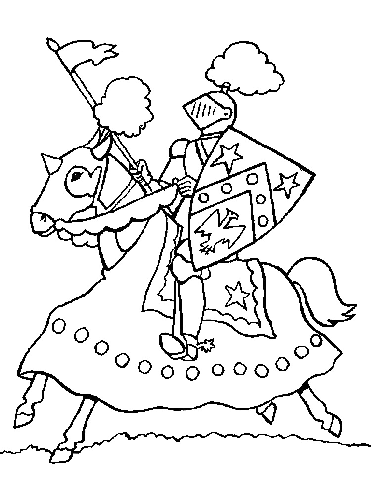 Раскраска Рыцарь на лошади с копьем и щитом, одетый в доспехи
