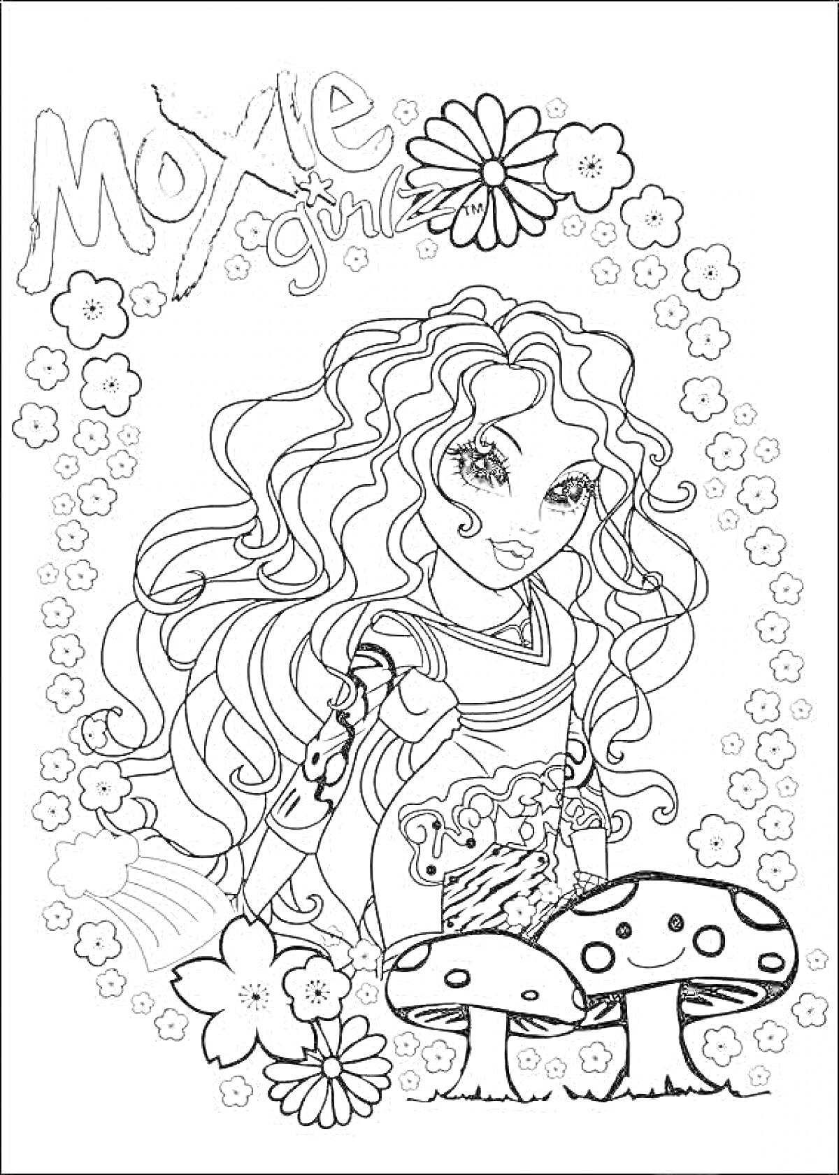 Раскраска Девушка с волнистыми волосами из Moxie Girls, цветы, грибы