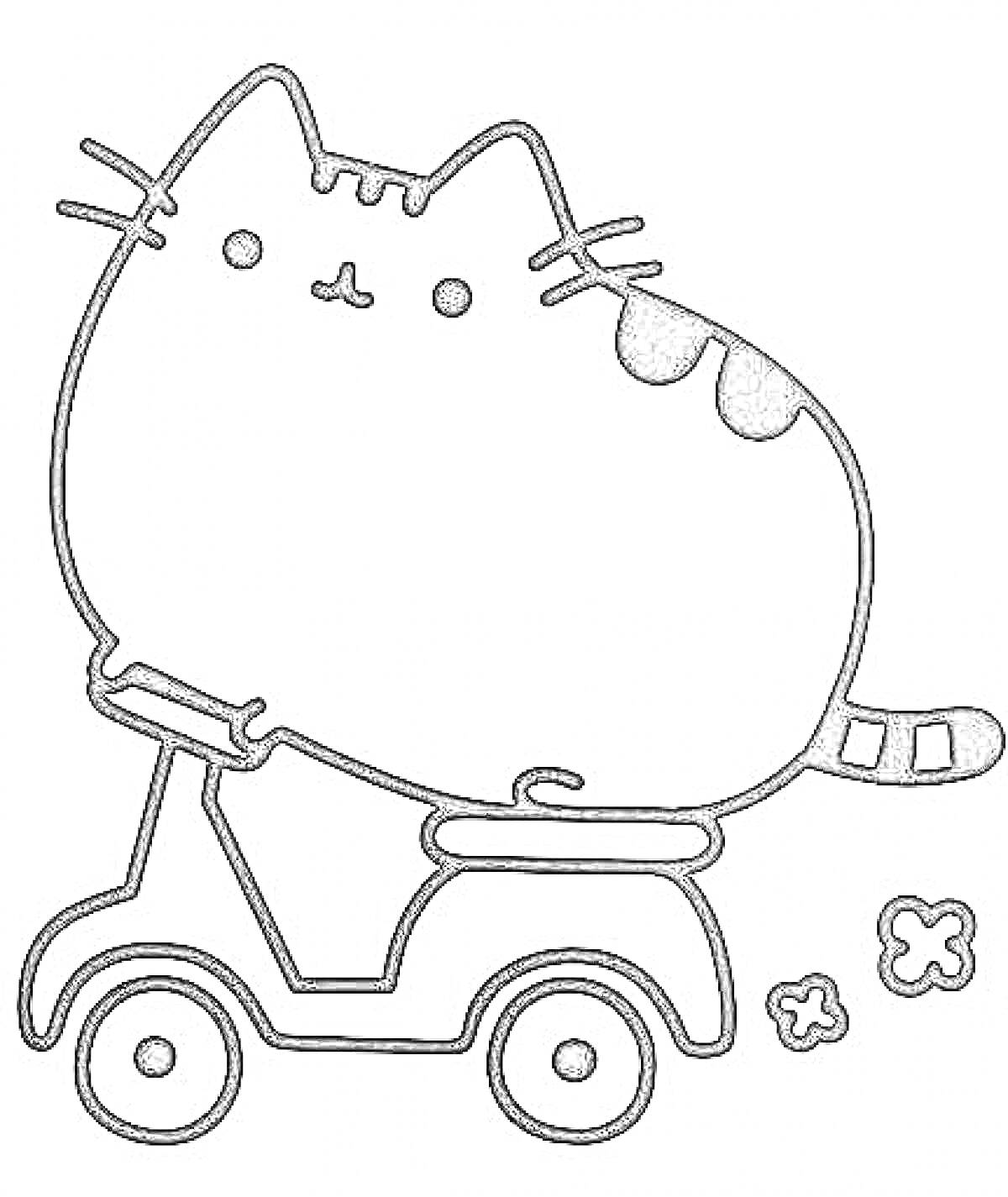 На раскраске изображено: Самокат, Кот, Транспорт, Мультяшный кот, Кот Леопольд, Цветы