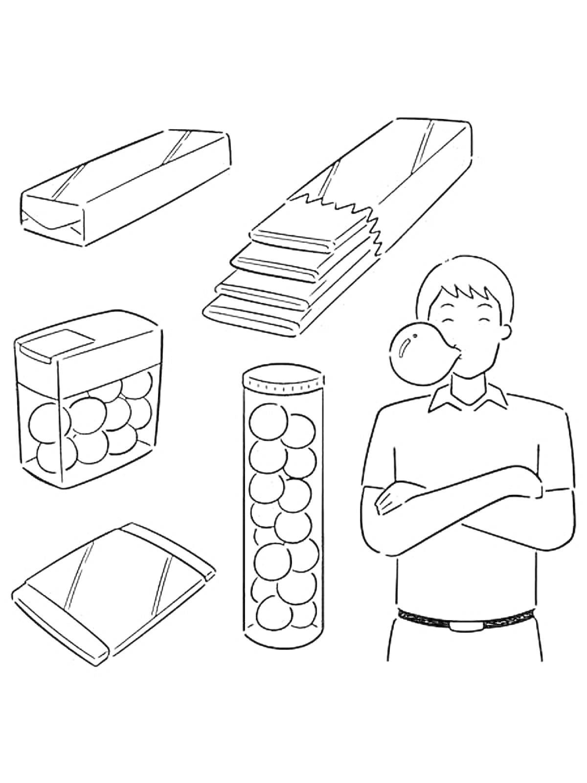 Человек с жвачкой, упаковки жвачки, банки с жевательными таблетками, жевательные шарики