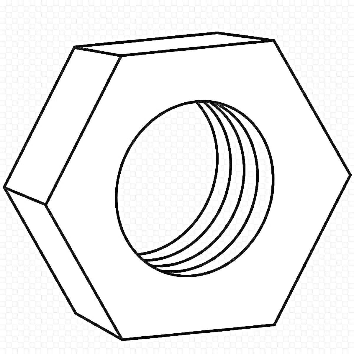 На раскраске изображено: Гайка, Резьба, Металл, Инструмент, Крепеж, Шестигранник, Строительство