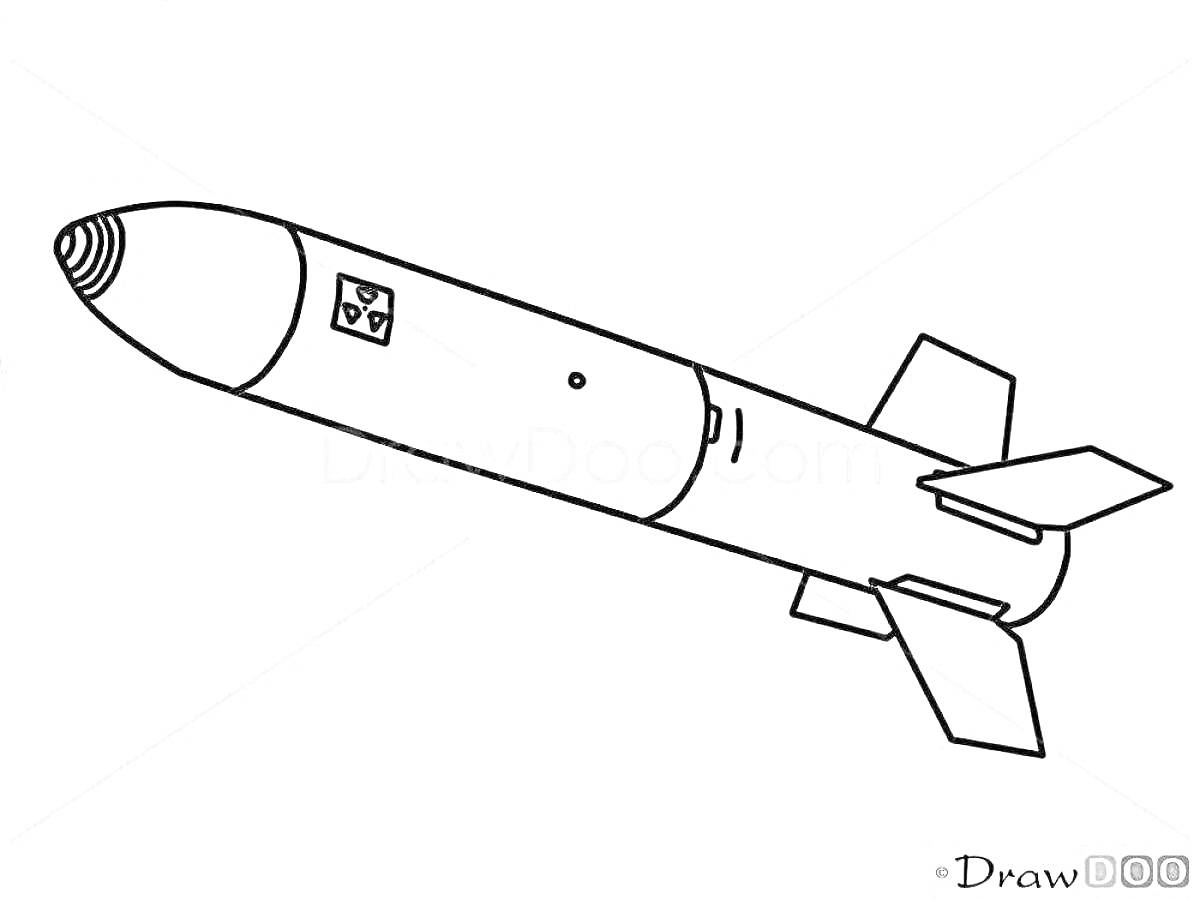 Раскраска Ядерная бомба с символом радиации и стабилизирующими хвостовыми плоскостями.