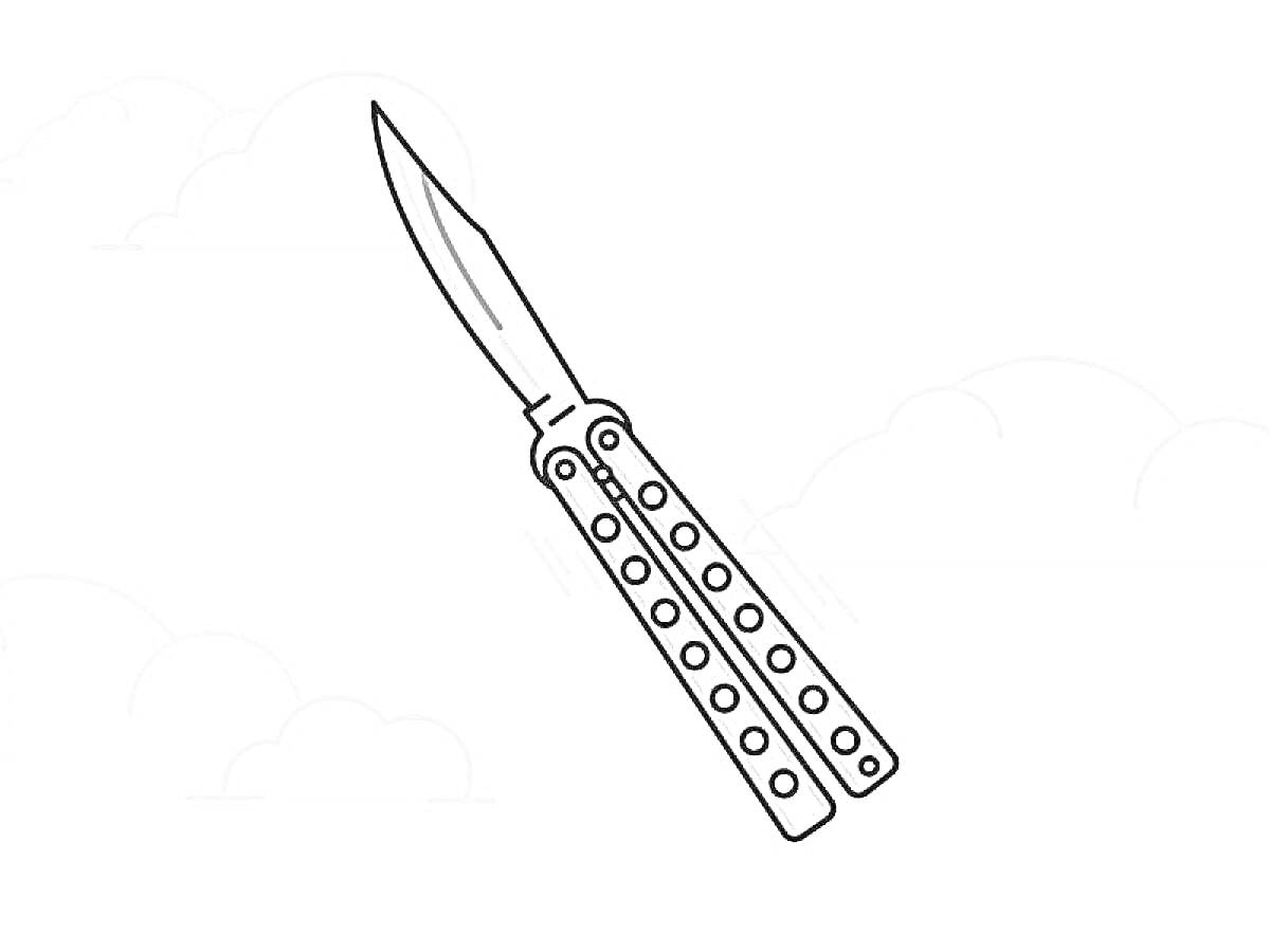 На раскраске изображено: Нож-бабочка, Нож, Облака, Холодное оружие