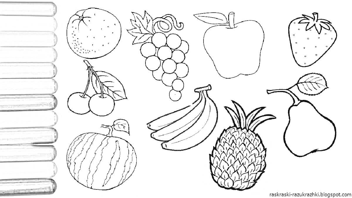 раскраска с изображением апельсина, винограда, перца, клубники, черешни, бананов, ананаса, арбуза и груши