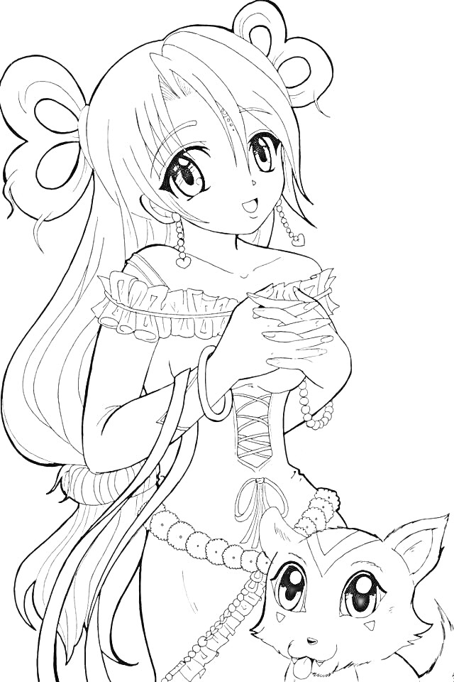 Раскраска Девушка с большими глазами и длинными волосами в платье с бантиками, держащая чашку, рядом с ней - маленькое улыбающееся животное