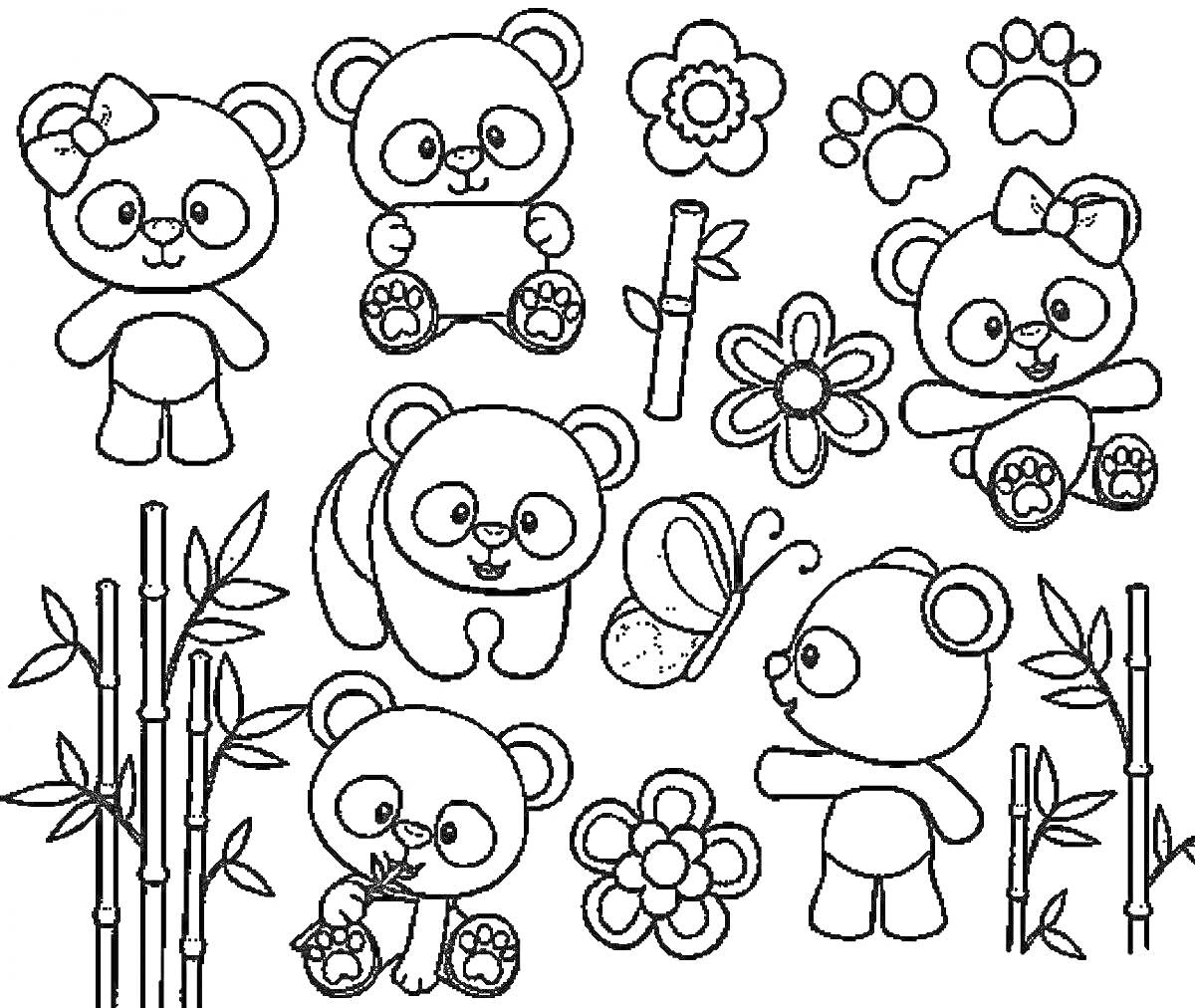 Раскраска медвежата в очках, медвежата с цветами, бамбуковые стебли, цветы, отпечатки лап, бабочка