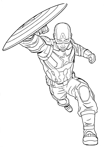 Раскраска Первый мститель с поднятым щитом в атакующей позе