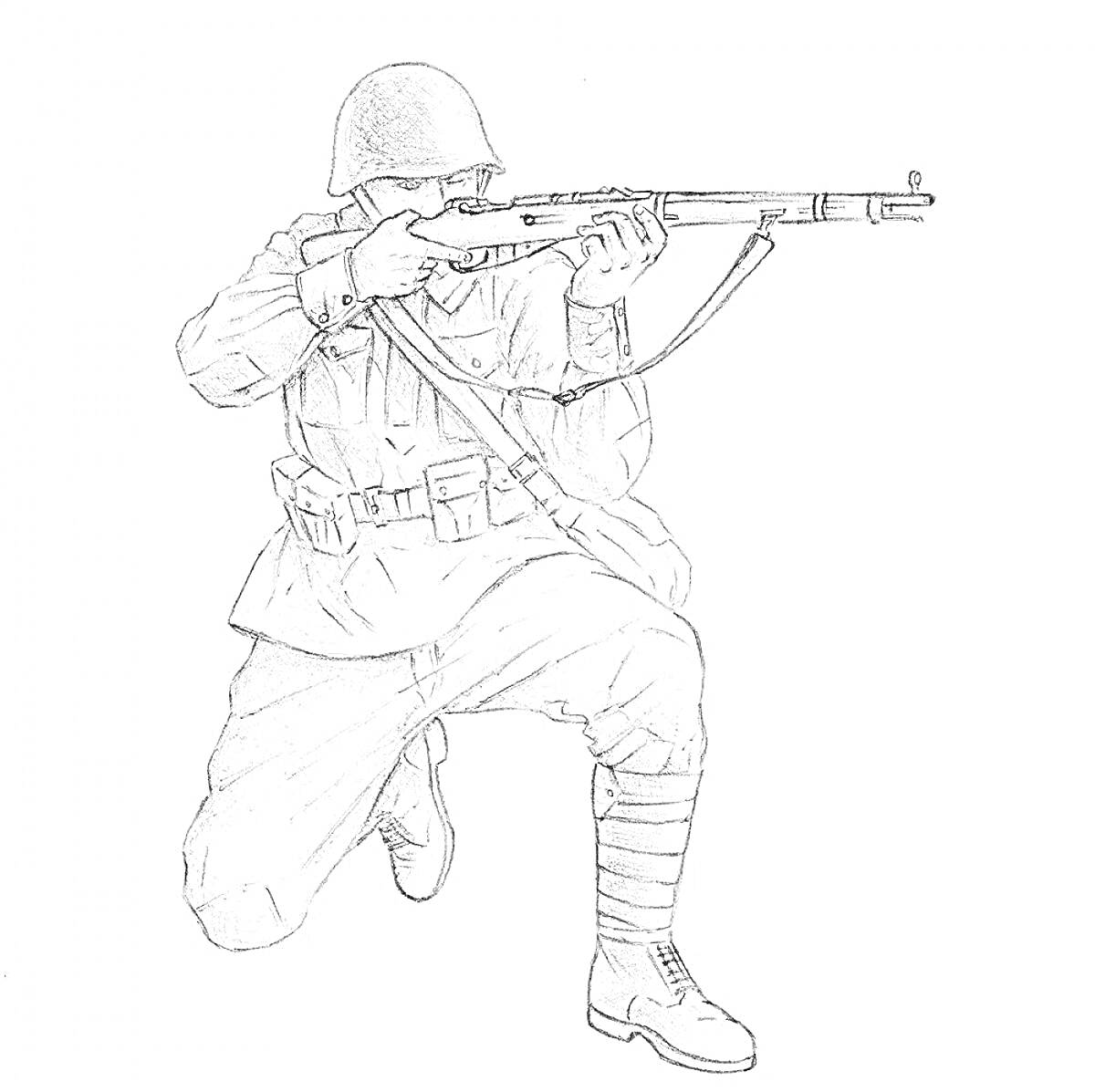 Раскраска Солдат с винтовкой в каске на колене