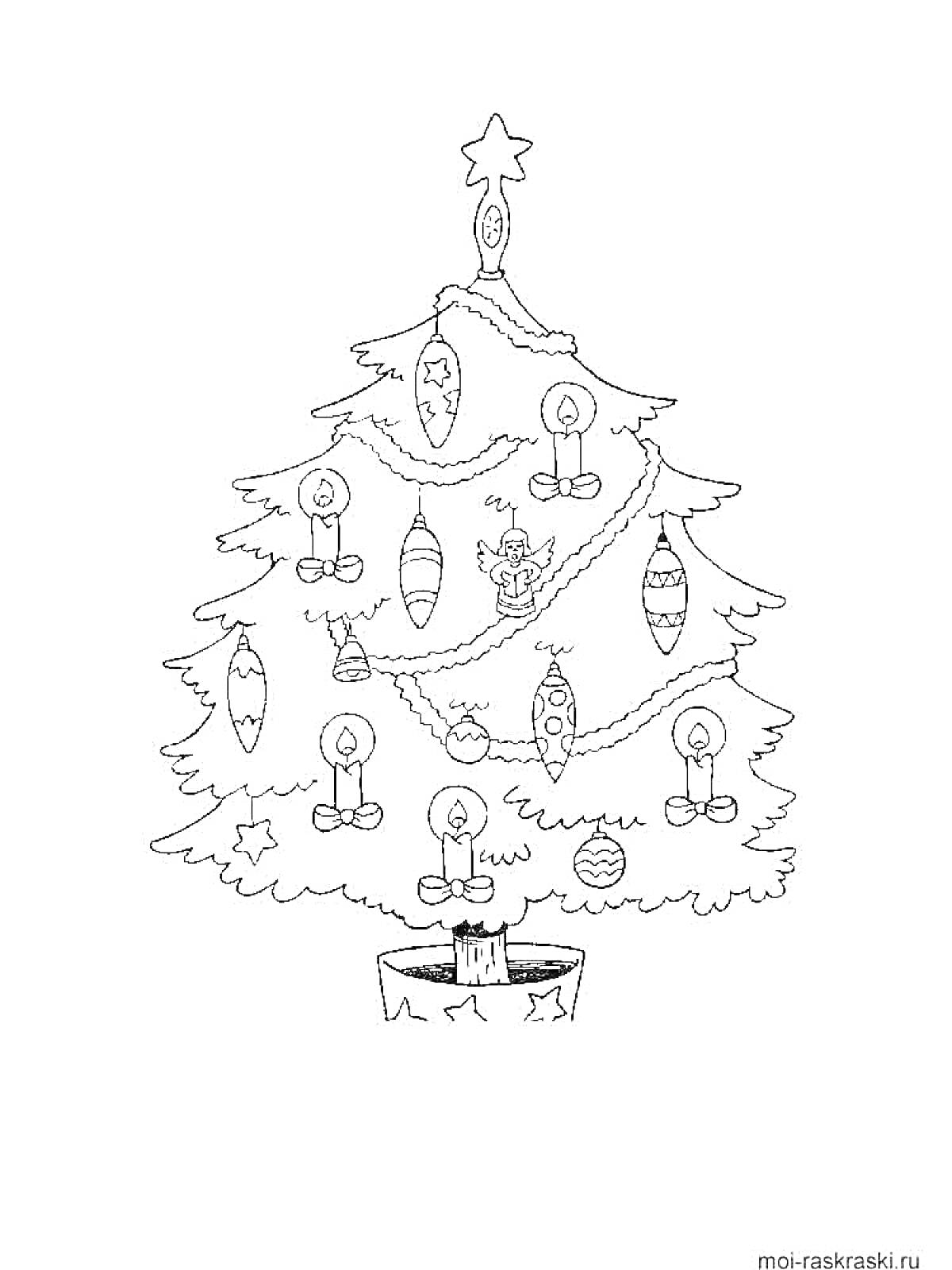 На раскраске изображено: Новогодняя елка, Украшения, Игрушки, Гирлянда, Рождество, Новый год, Новогодние игрушки