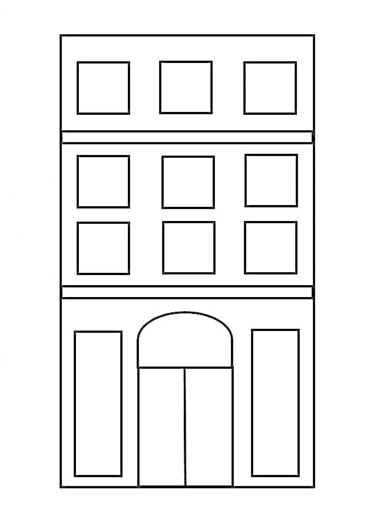 Раскраска многоэтажный дом с окнами и центральной аркой