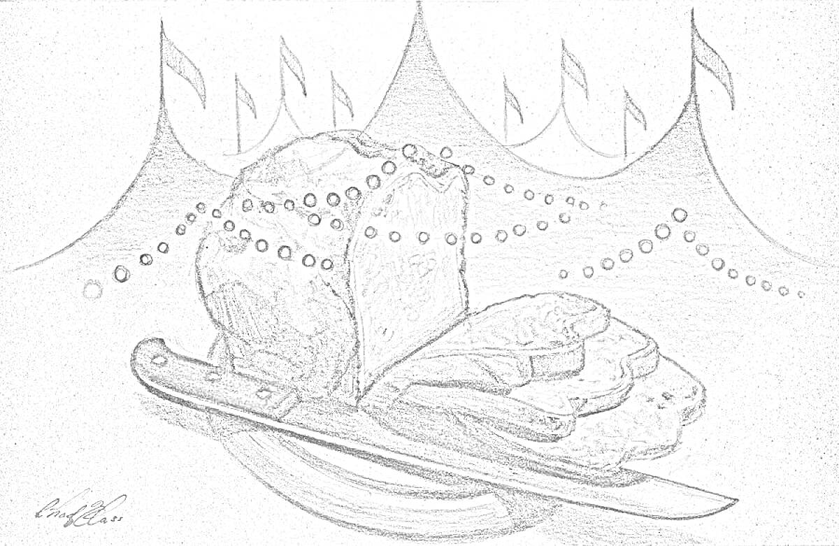 На раскраске изображено: Хлеб, Нож, Тарелка, Музыкальные ноты, Ломтики, Блокада, Натюрморт