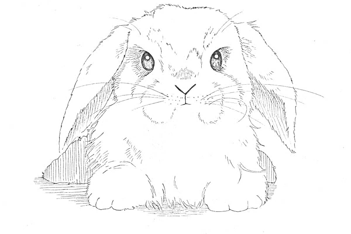 Раскраска Кролик с длинными ушами и пушистой мордочкой, лежащий на полу