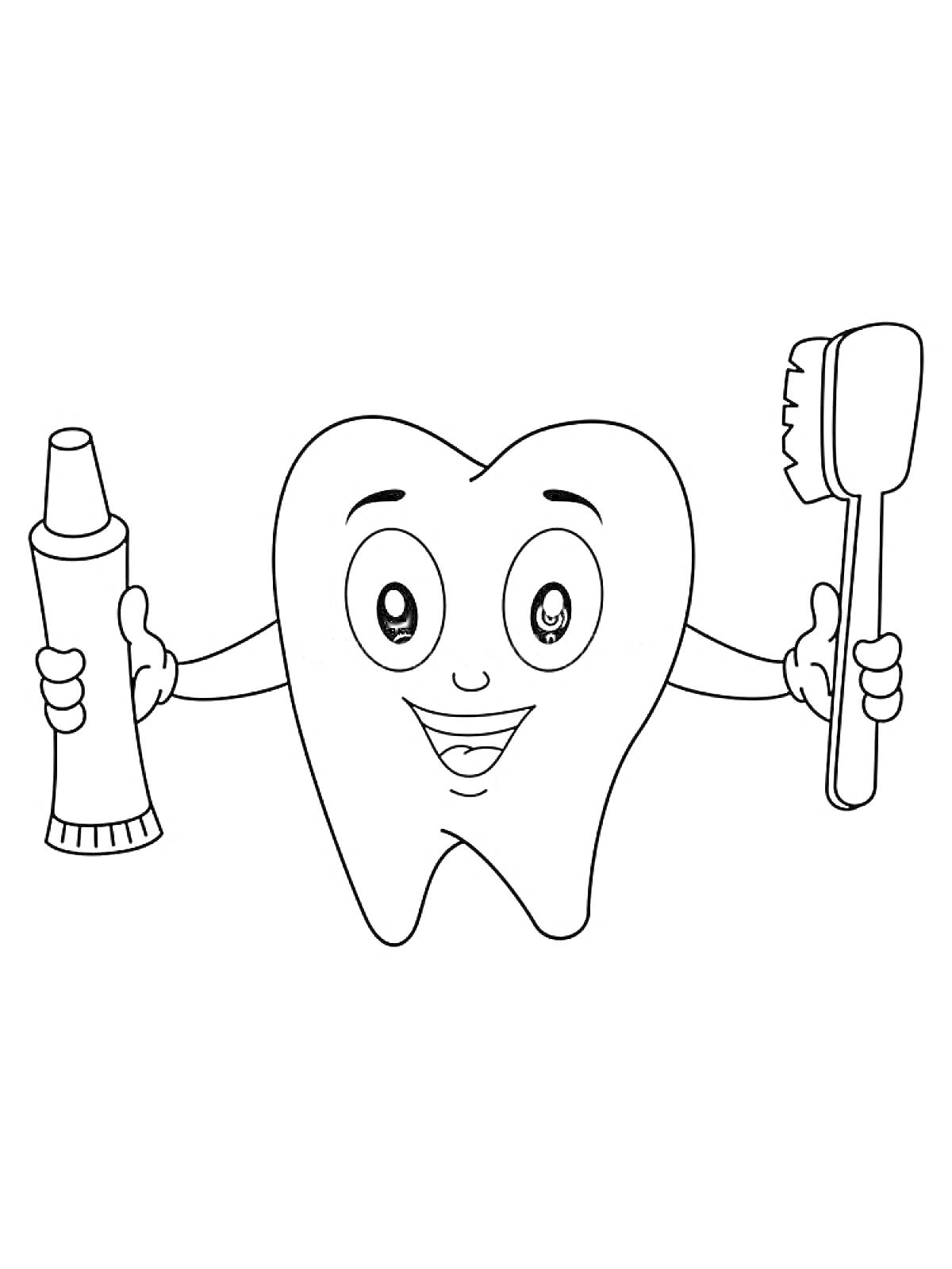 На раскраске изображено: Зубная паста, Зубная щетка, Улыбка, Стоматология, Гигиена, Уход за зубами, Зубы