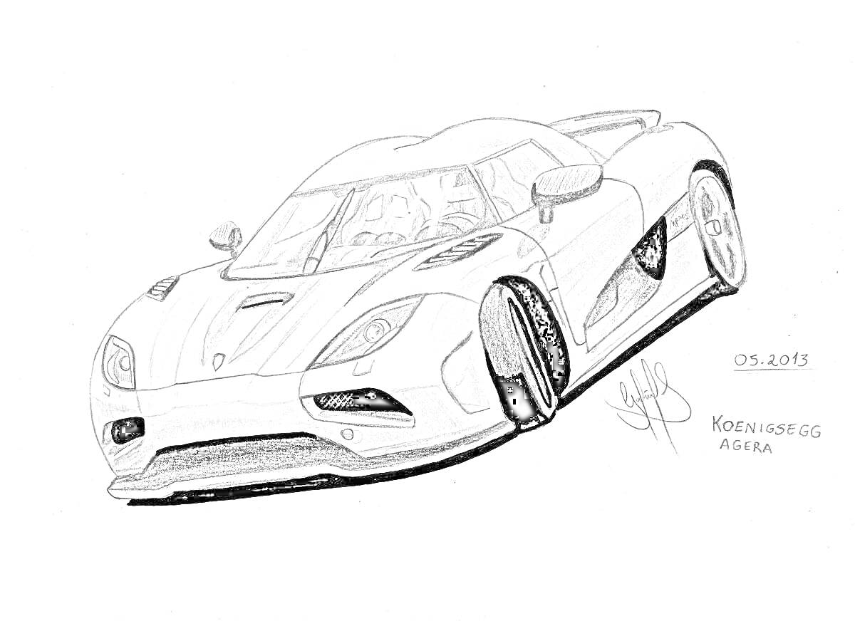 Раскраска Рисунок автомобиля Koenigsegg Agera, подпись художника, дата