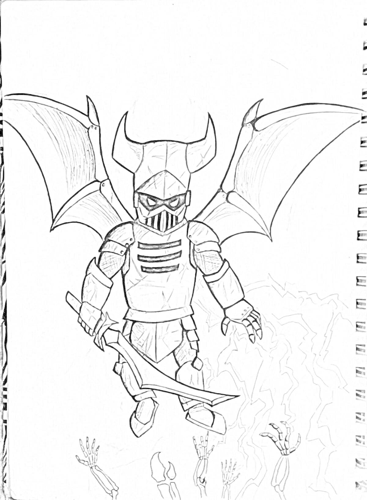 Раскраска Рыцарь с мечом и крыльями над восстающими скелетами