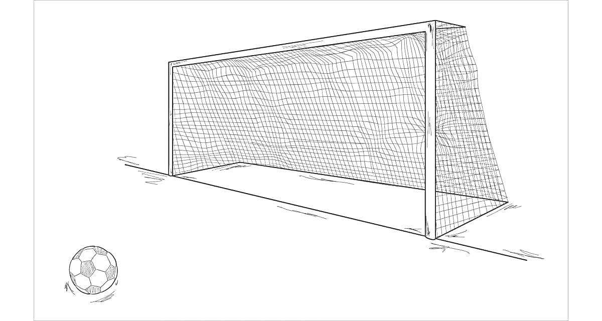 На раскраске изображено: Футбольное поле, Ворота, Футбольный мяч, Спорт, Сетка, Игра