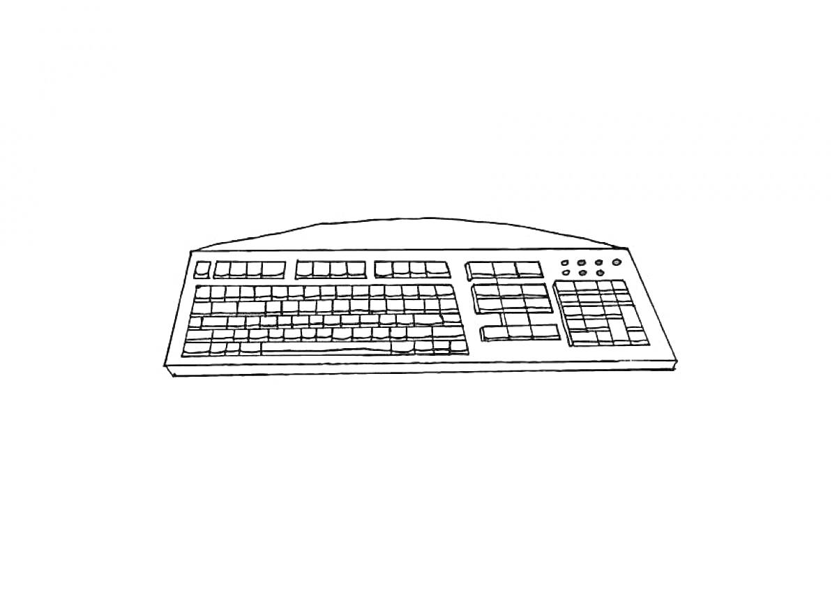 Раскраска Клавиатура с алфавитными и цифровыми клавишами, функциональными клавишами, клавишами навигации, цифровым блоком и кнопками управления мультимедийными функциями