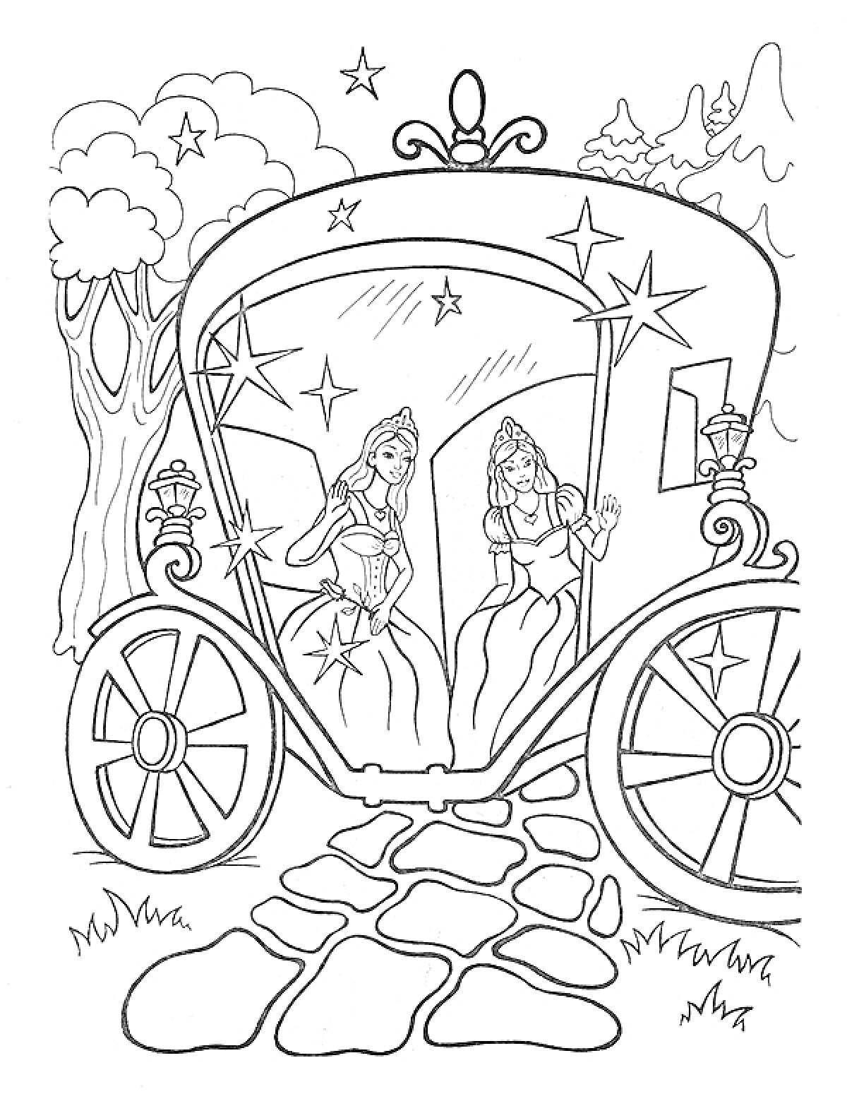 Раскраска Принцессы в карете с фонарями на лесной дороге