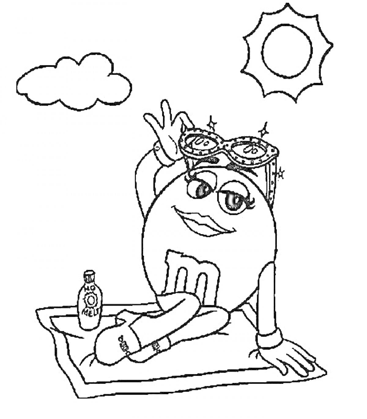 На раскраске изображено: Эмемдемс, Пляж, Полотенце, Бутылка, Солнцезащитные очки, Солнце, Облака