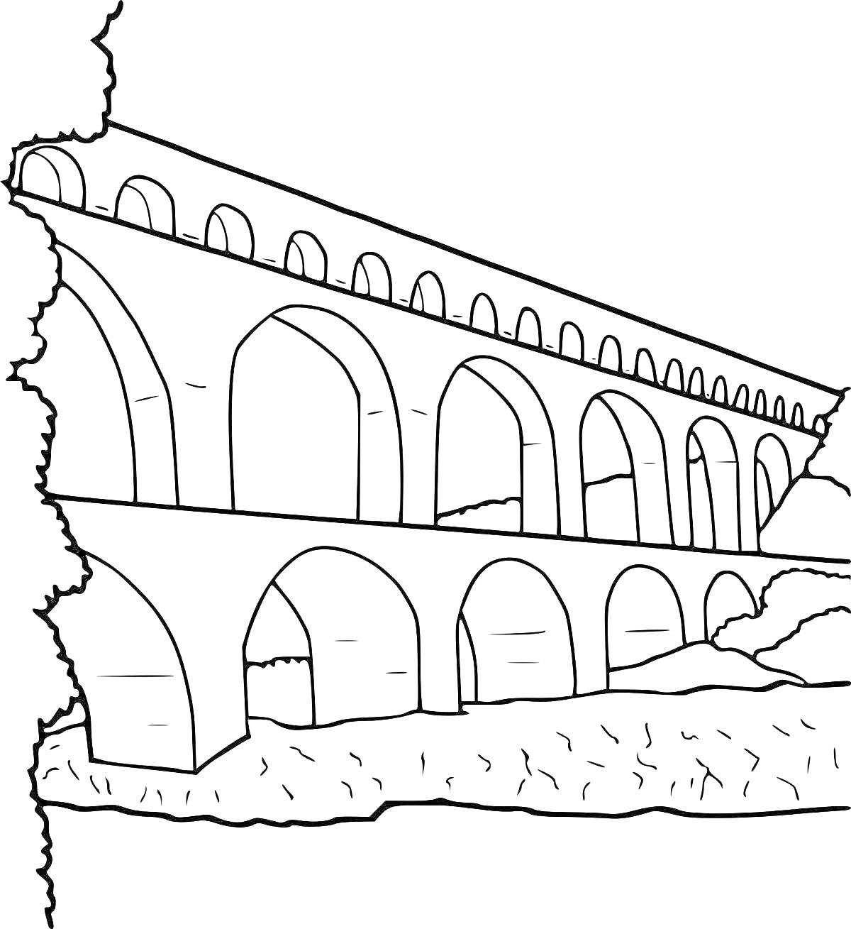 На раскраске изображено: Мост, Деревья, Природа, Архитектура, Древний Рим, Арка
