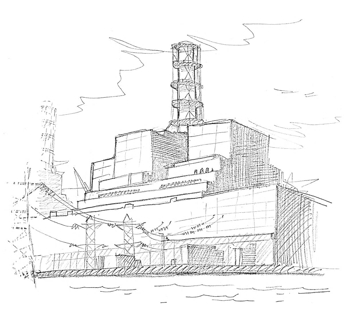 На раскраске изображено: Чернобыль, АЭС, Реактор, Архитектура, Чертежи