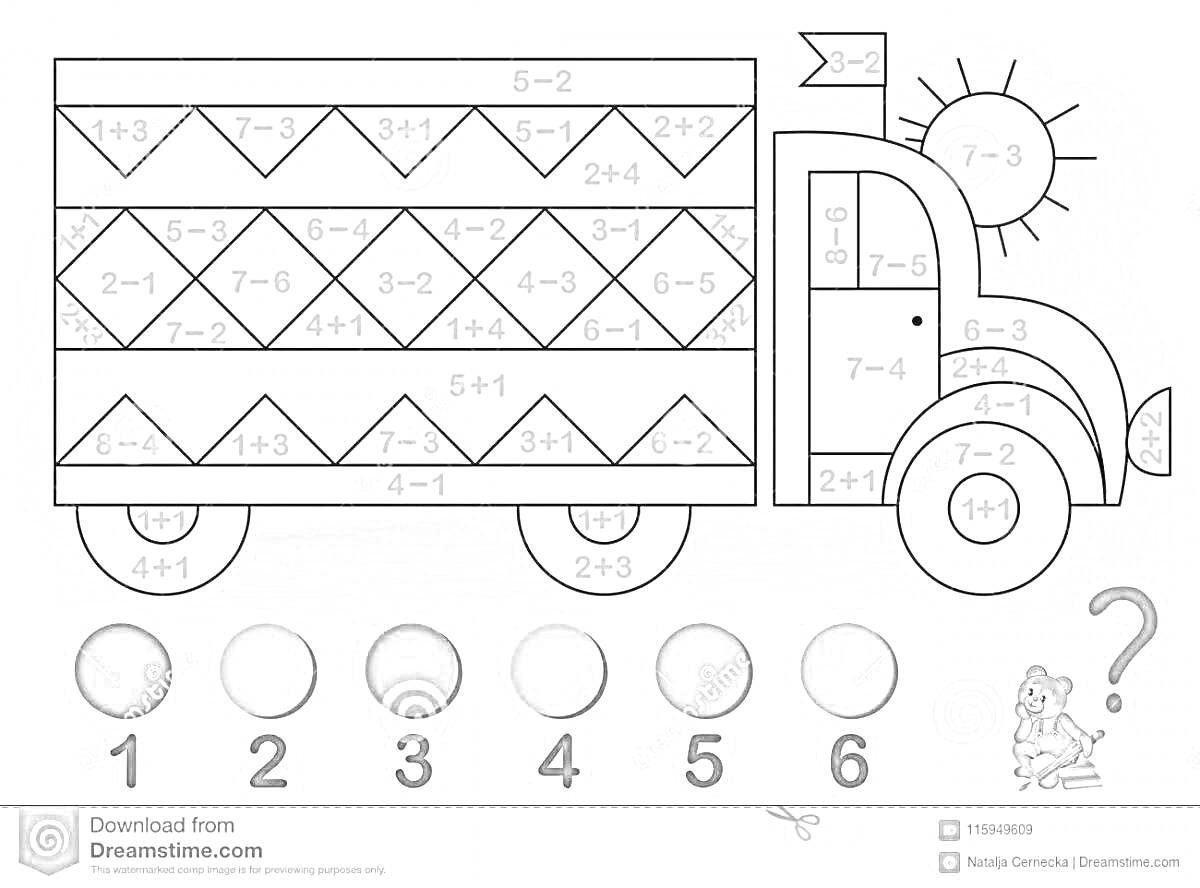 раскраска с математическими примерами на сложение и вычитание в пределах 10, грузовик, солнце, мышка, правильный ответ