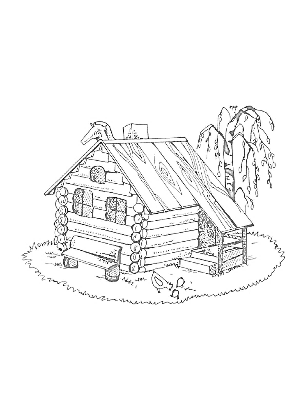 Раскраска Изба с деревянной крышей, окнами, лестницей, топором и деревом на траве