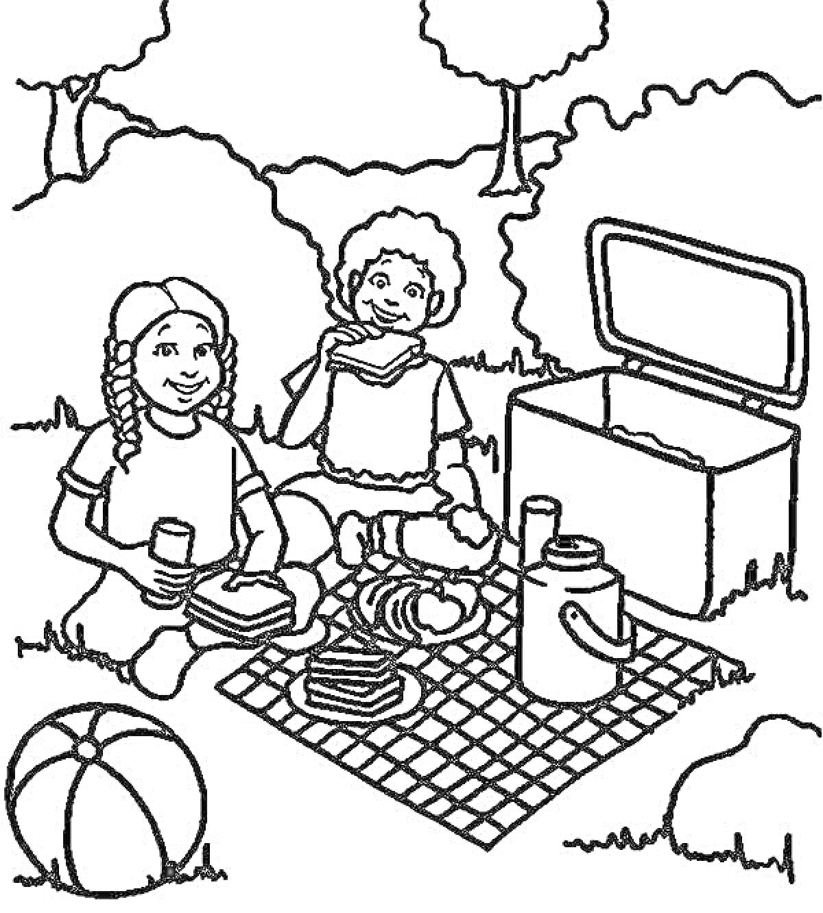 Раскраска Дети на пикнике с едой и напитками, игра с мячом на траве около корзины