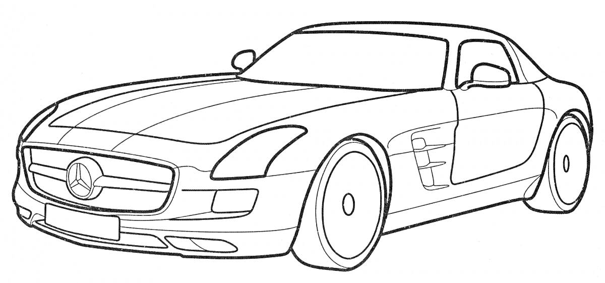 Раскраска Мерседес-Бенц спортивный автомобиль с логотипом, дверями купе и детализированной передней частью