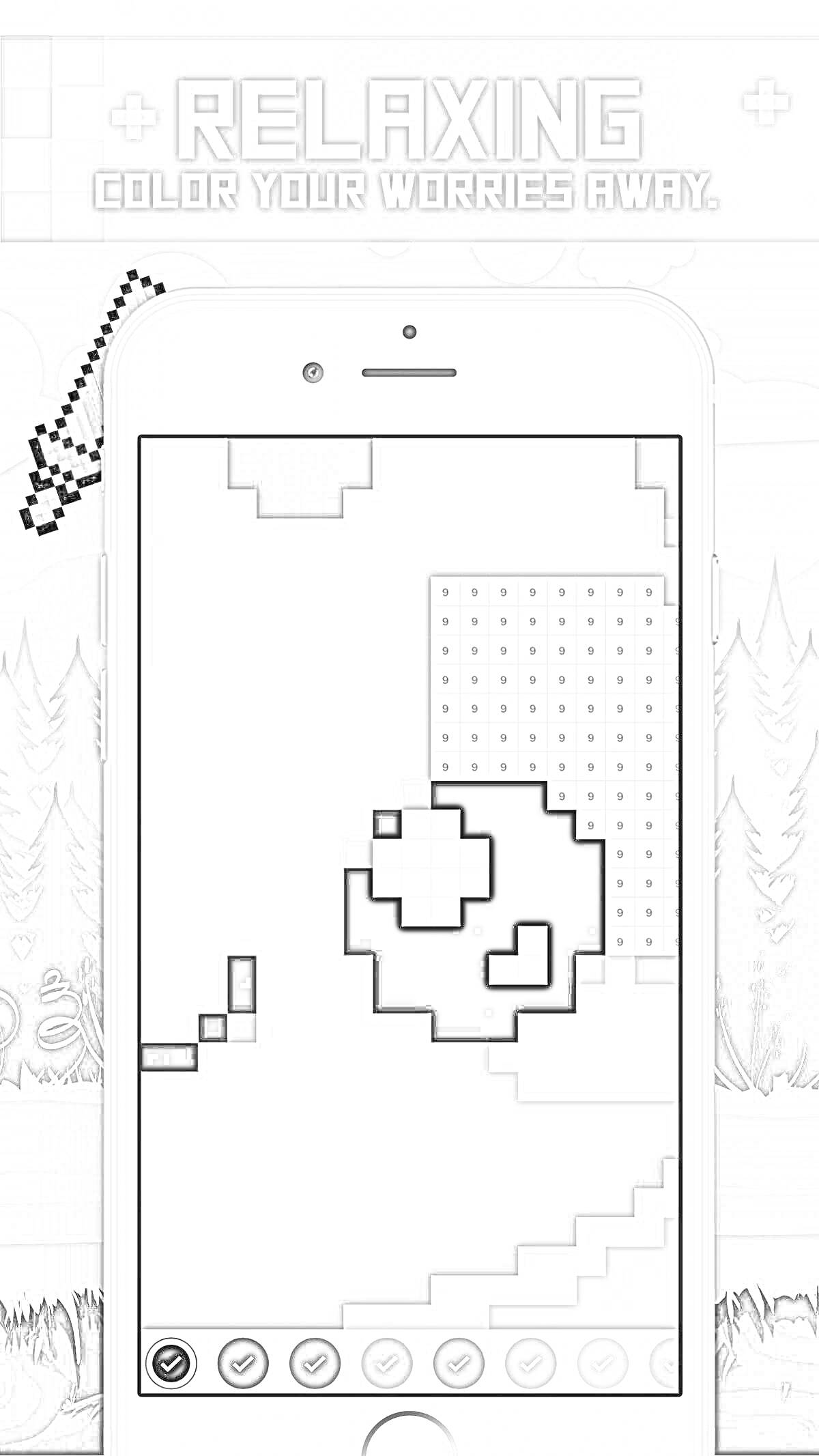 Раскраска Раскраска на тему пиксельной игры в песочнице на экране телефона, с изображением пиксельного объекта на игровом фоне с лесом и пиксельным курсором в виде руки, а также подписью 