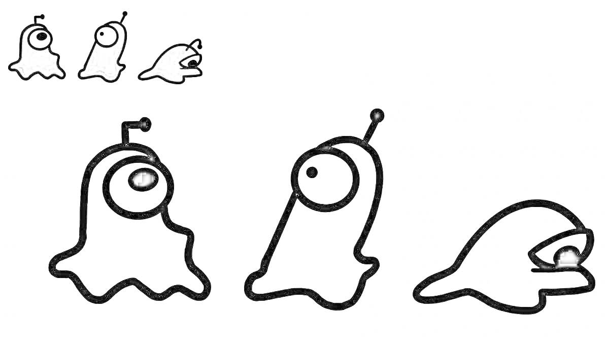 Раскраска Раскраска с питомцами из игры Амонг Ас - 4 существа с одним глазом на стебельке (2 маленьких и 2 больших)