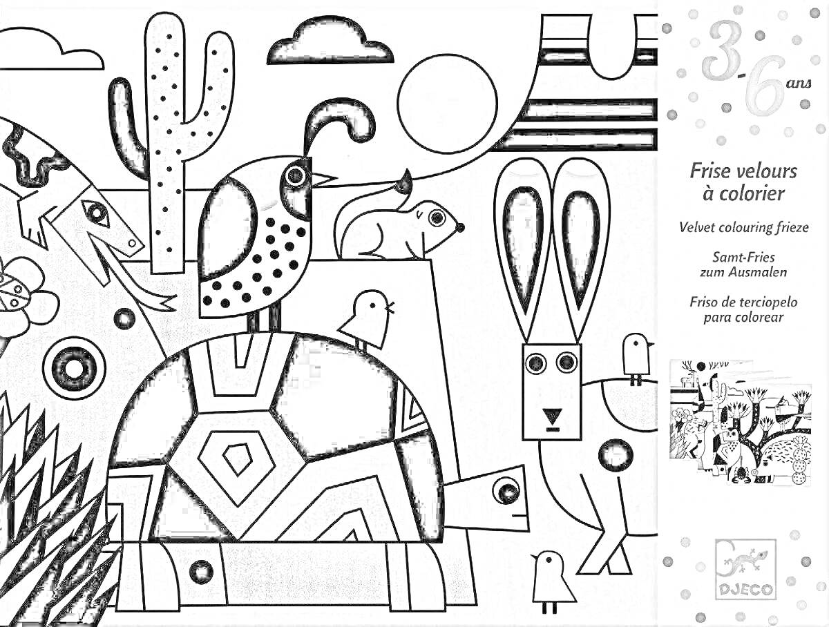 Раскраска Декоративная раскраска с черепахой, кроликом, птицей, кактусом и облаками