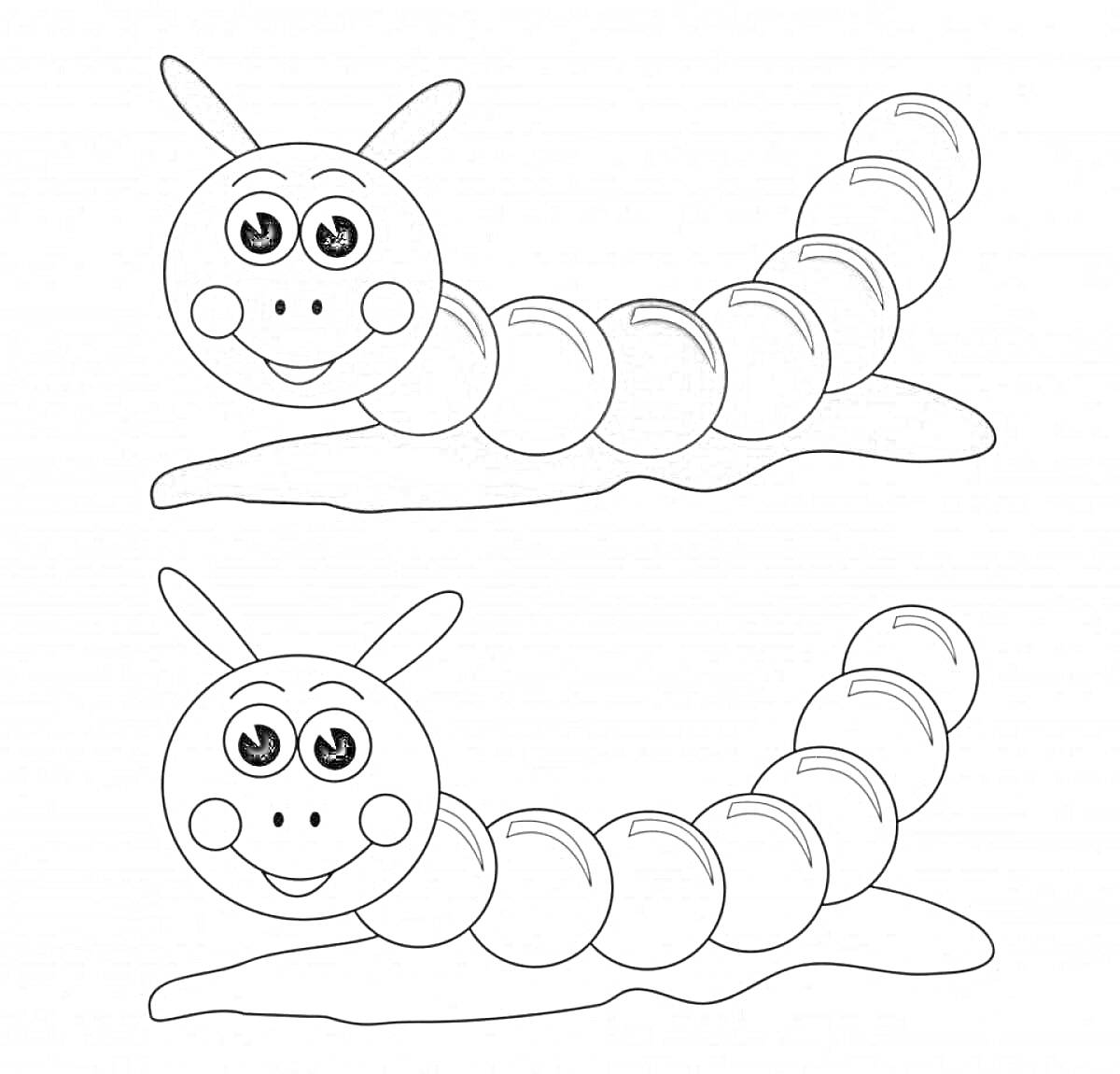 Гусеничка с ушками, глазами и щечками на земле (две версии: цветная и черно-белая)