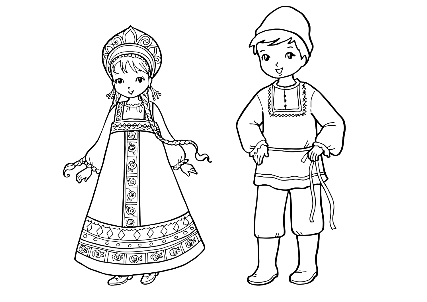 Раскраска Русские народные костюмы - девочка в сарафане с кокошником и мальчик в рубахе с кушаком и сапогах