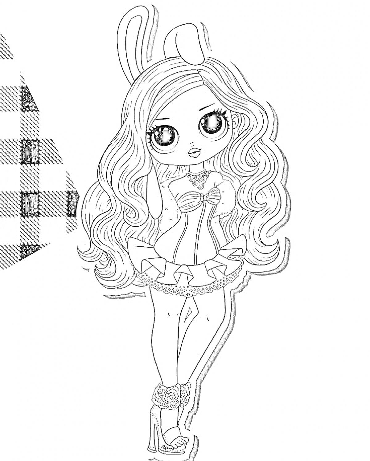 Раскраска Девочка кукла ЛОЛ ОМГ с длинными распущенными волосами, ободком с ушками, в пышном платье и на каблуках