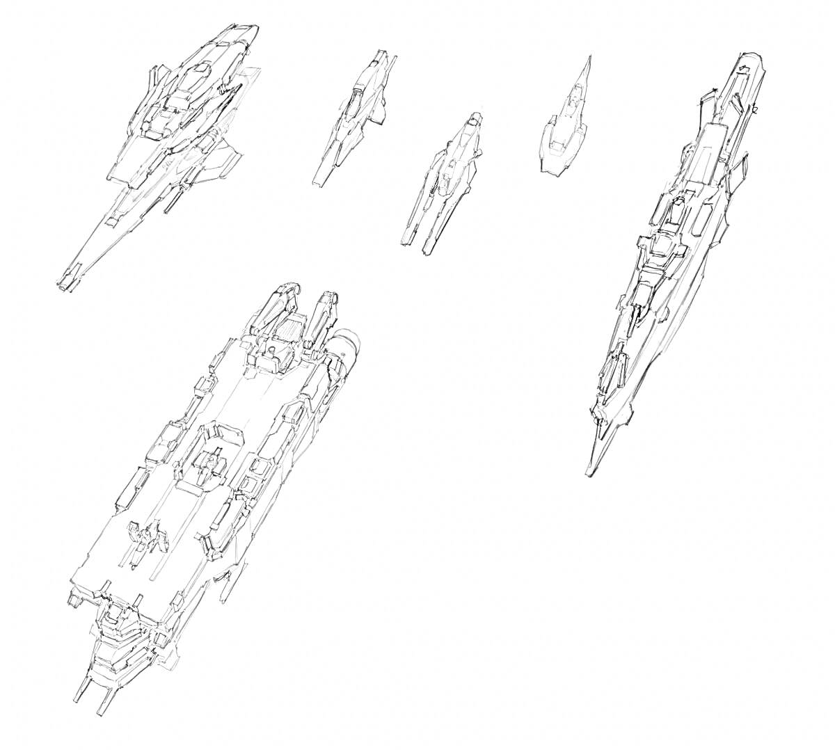 Раскраска Корабли галактического флота: крупный боевой корабль с башнями, средний боевой корабль, малый боевой корабль с угловатым корпусом, истребитель, размыт, крупный боевой корабль с длинным корпусом