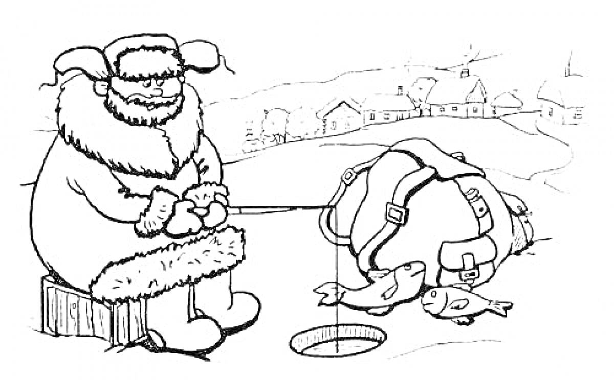 Рыбак на зимней рыбалке в деревне, человек в зимней одежде, сидит на ящике, с удочкой в руках, рядом прорубь с рыбой, большая сумка, на заднем плане деревенские дома и деревья с снегом на земле