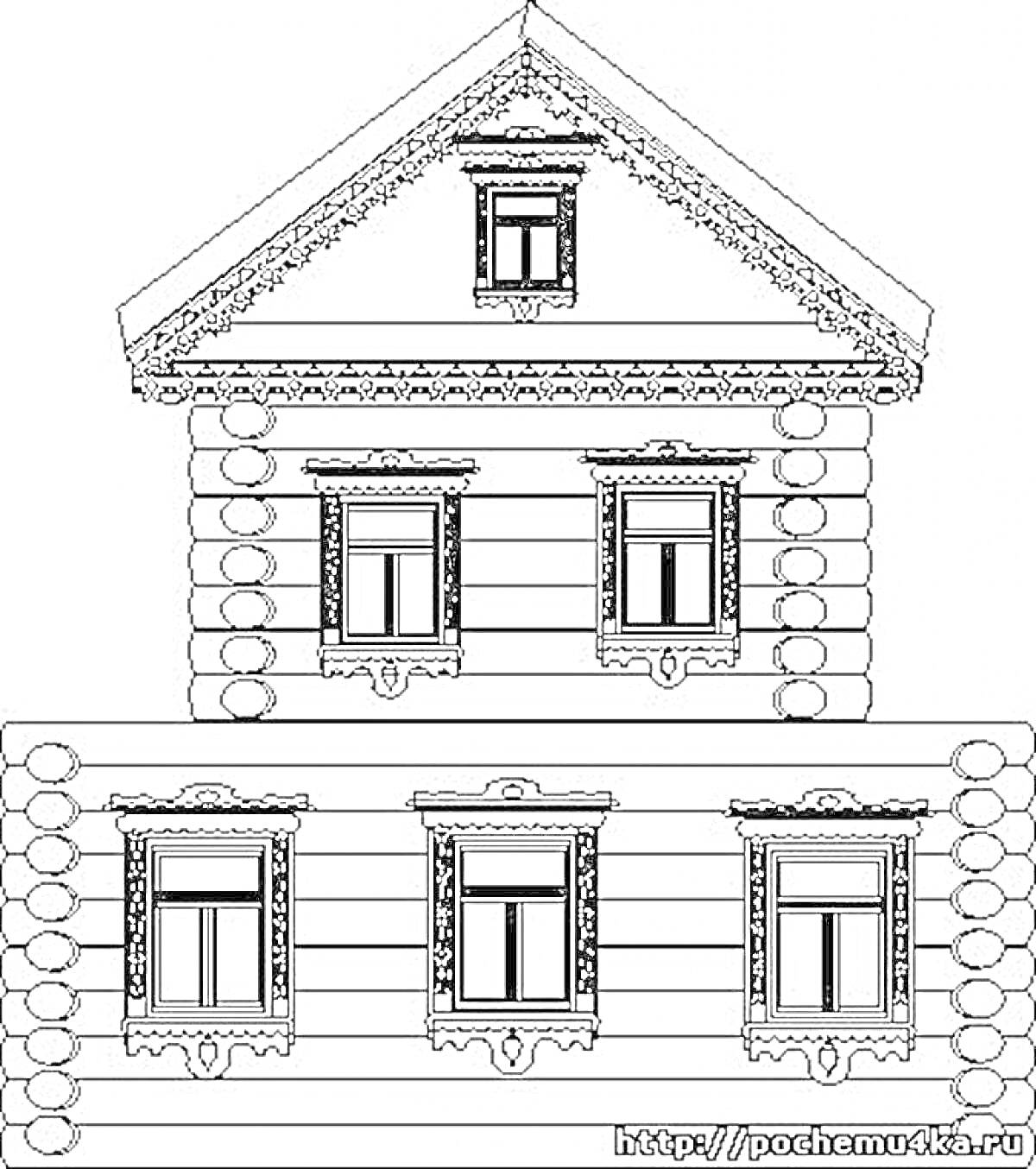 Русская изба с тремя окнами на первом этаже и одним окном на крыше, пирочная красота, бревенчатые стены