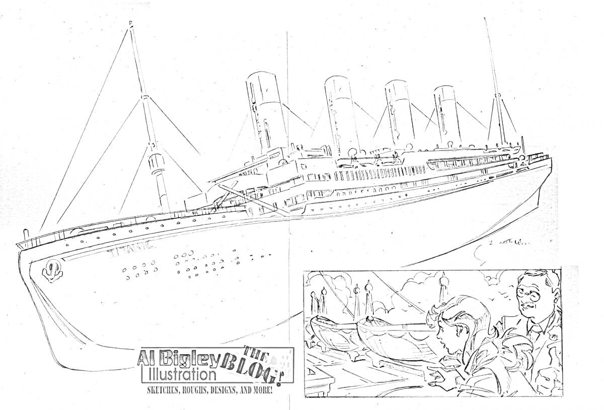 На раскраске изображено: Лайнер, Британик, Корабль, Капитан, Море, Иллюстрация